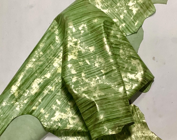 Green with Gold Splatches Leather Lambskins, leather hides. Leather for clothing. Leather pieces, crafting leather,  OSM1806