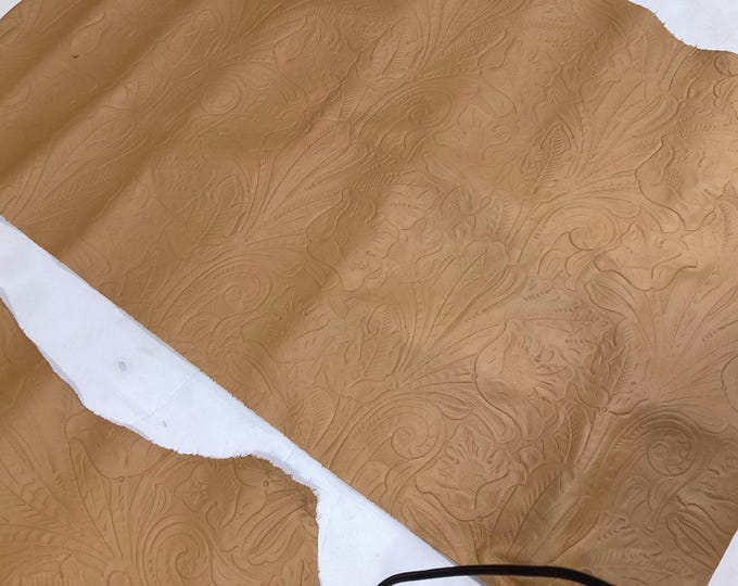Leather Remnants.  Cowhide. Embossed Floral.  Caramel Color. Leather Pieces. Crafting leather. DWR12