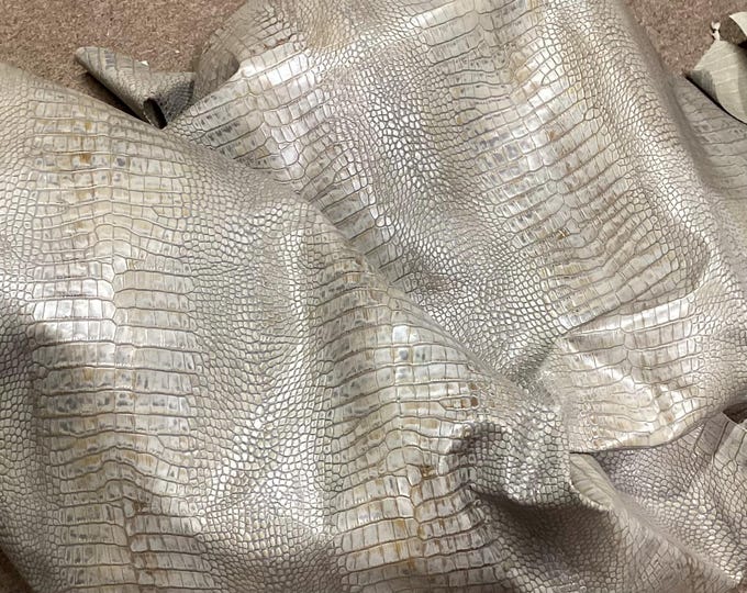 Gray and Brown Embossed Croc Leather Cowhide. Crafting leather. Upholstery leather. Automotive leather. CL52530