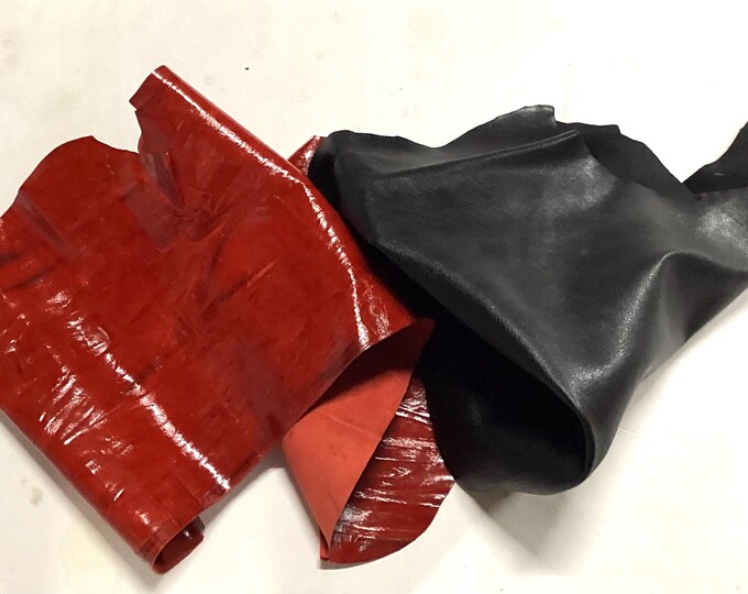 Black and Red Leather Lambskin Remnants. Leather Pieces.  Scrap Leather,  OSM496