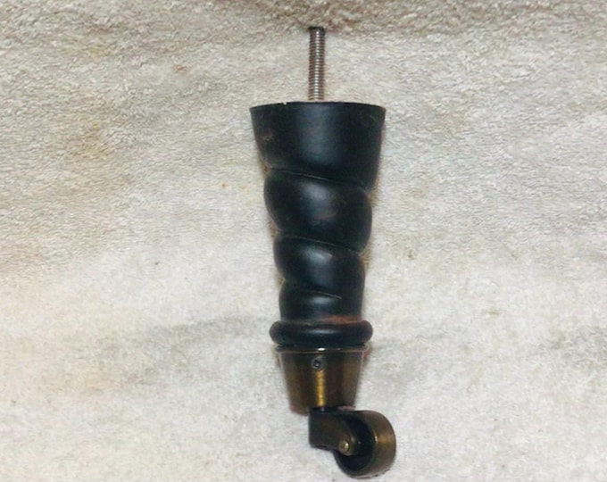 Black Wooden Furniture Legs: Antique Brass Casters, 7" Height.  1331B