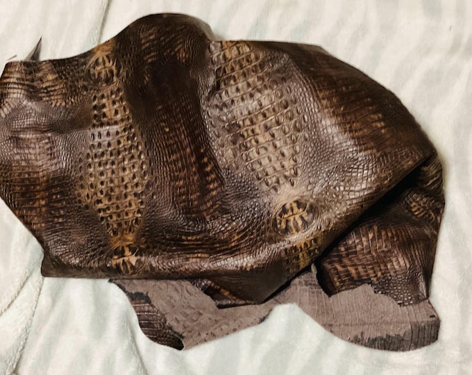 Dark Brown Embossed Gator Leather Cowhide Remnant.  SCR604