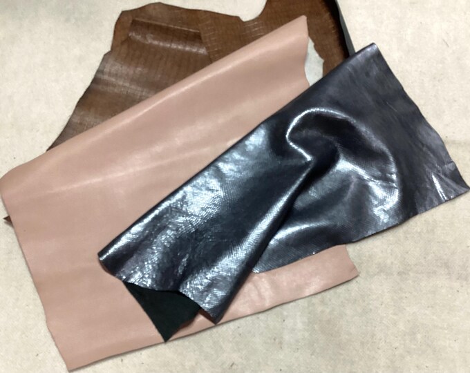 Brown, Pink, and Silver Blue Leather Cowhide Remnants. 4 Pieces.  LAC17