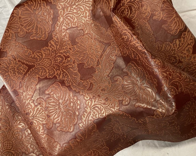 Aniline Royal Cognac Palm Damask Embossed Leather Cowhide Remnants. TOWN10106