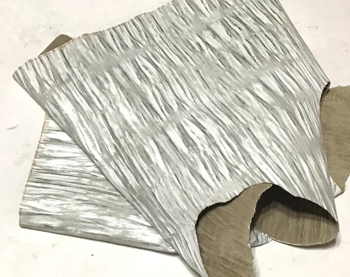 White with Silver Embossed Streaks Leather Cowhide Remnant. Leather Pieces.  CL1702