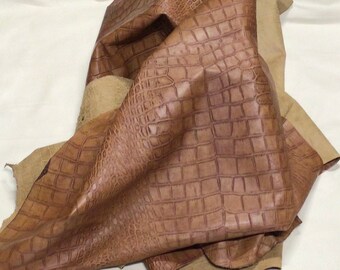 Reddish Brown Embossed Gator Leather Cowhide Partials. Remnants. DD2532