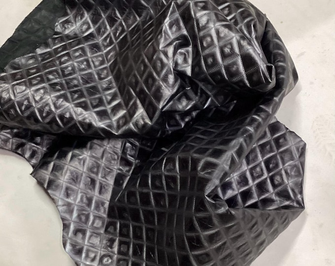 Black And Gray Diamond Stitched Embossed Leather Cowhide Remnants.  Leather Hides, upholstery leather. Crafting Leather,  CL52538