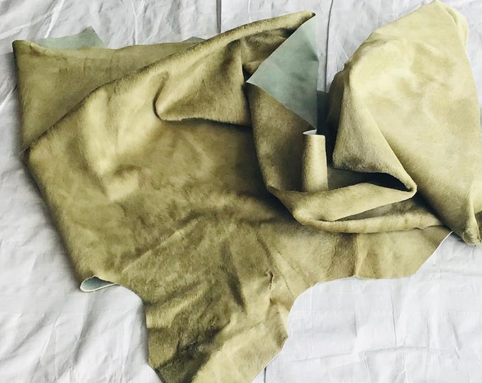 Willow Green Hair on Cowhide Leather Remnant.  Cowhides. Crafting leather. Upholstery leather. Accent Rug,  HOH93
