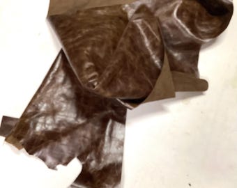 Distressed Chocolate Brown Cowhide Leather Remnant: Soft, Pliable