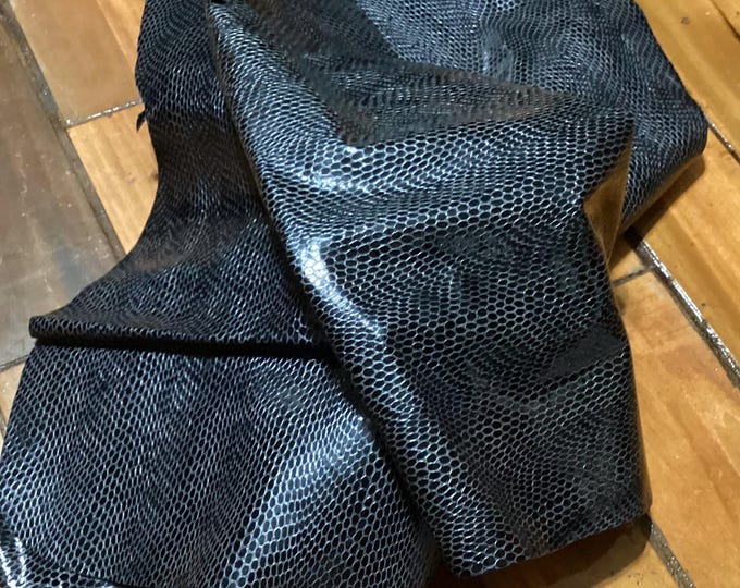 Black Printed Snakeskin Leather Cowhide Remnant.  CA730