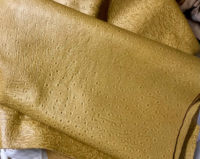 24 sq ft Lemon Grass Embossed Ostrich Leather Cowhide Partials. leather Hides. Cowhides. Leather Remnants,  Item 23-16