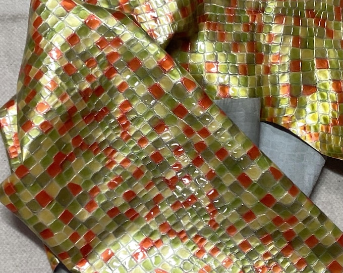 Multi Colored Embossed Leather Cowhide Remnant. Gloss finish. LAC33