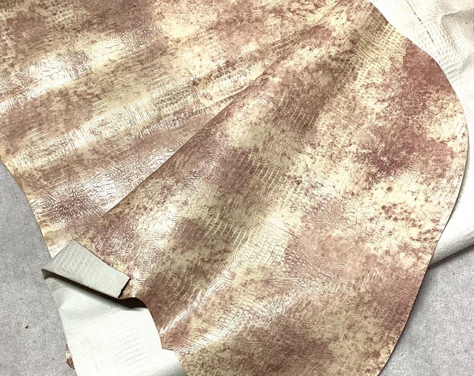 Wine, Cream, And Gold Embossed Gator Leather Cowhide Remnant.  LAC127