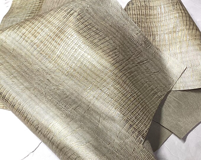 Gold and Silver Embossed Gator Leather Cowhide Remnants. Leather Pieces. crafting Leather. CL52554