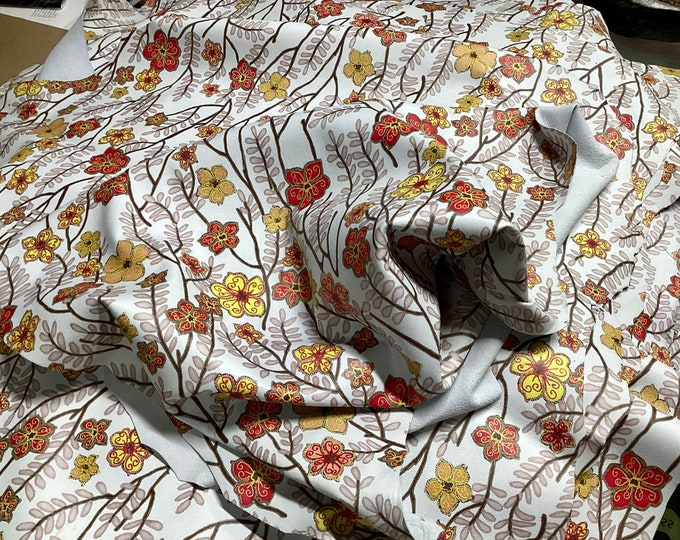 Printed Floral On White Leather Lambskins.  Leather hides gifts. OSM880