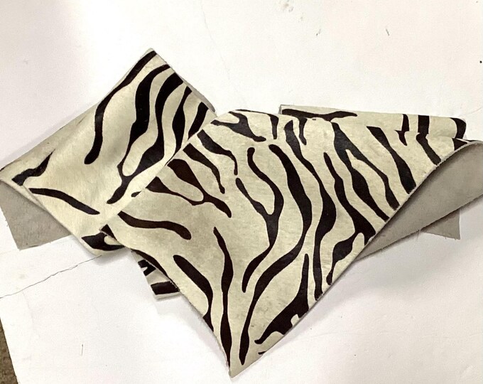 2 Pieces Baby Zebra Print Leather Cowhide Remnants.  Zebra Pattern. Crafting Leather.  CL52549