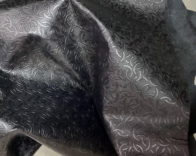 Black Embossed Circles Leather Cowhide Side, Remnant.  LPC80