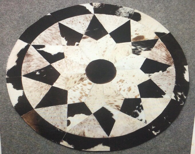 Cowhide Round Patchwork. Hair on Cowhide Rug. Home Decor. Accent Rug. Leather Hide. 904