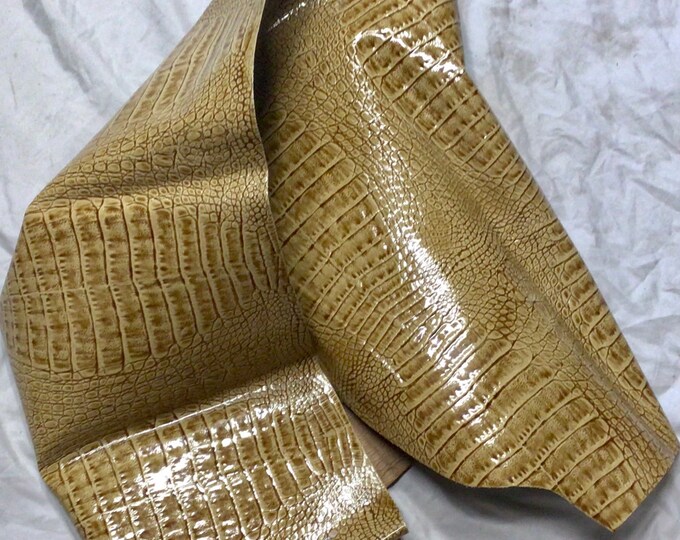 Golden Gloss Tan Embossed Croc Leather Cowhide Remnants.  RDO108