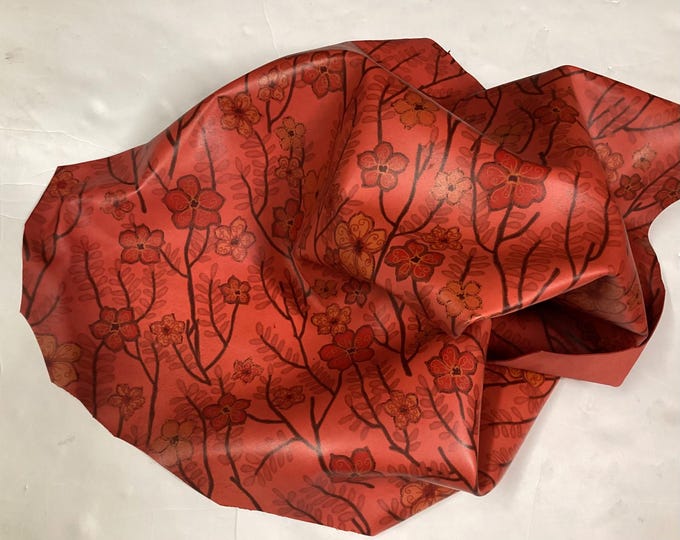Tomato Red Floral Pattern Leather Lambskin. Leather Hides. AI. Crafting leather. Gifts. OSM1813