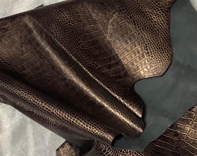 Black and Gold Embossed Gator Leather Cowhide Remnant.  LA601
