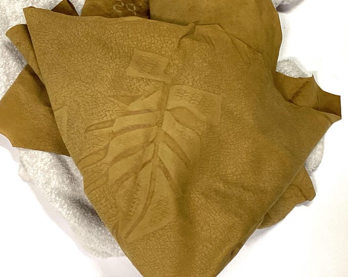 Camel Brown Printed Palm Leaves Leather Lambskins, Leather Hides, LAMB8048