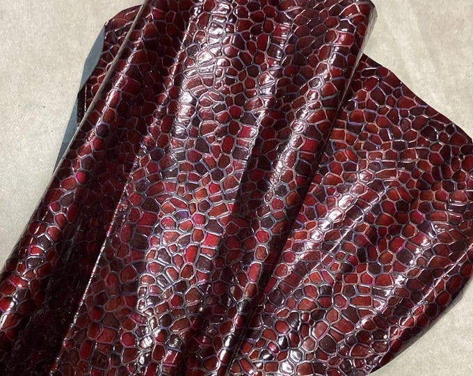 Burgundy Embossed Stone leather Cowhide Remnant, crafting leather.  LAC99