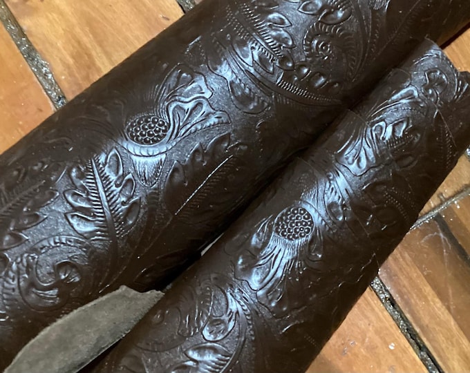 Embossed Western Floral Leather Cowhide Remnants, Medium Brown. NC101