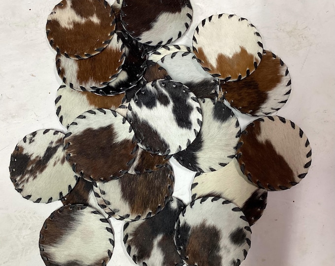 Set of 4 Cowhide Leather Coasters: Hair on Hide, Leather Lace Stitching