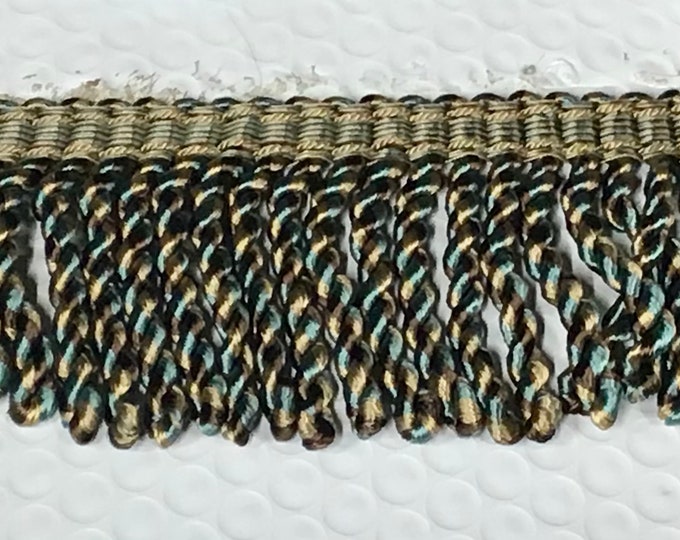 Teal-Brown-Gold 3 Inch Woven Bullion Fringe. Trim. upholstery trim. PR24P