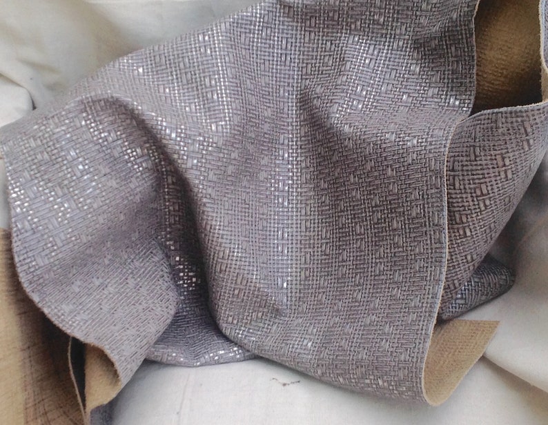Gray And Silver Embossed Basketweave Pattern Leather Cowhide Remnants #R613