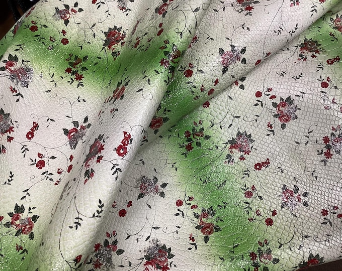 White and Green Embossed Python with Red Printed Roses and Silver Specks.  Leather cowhides,  leather remnants. OSM8609