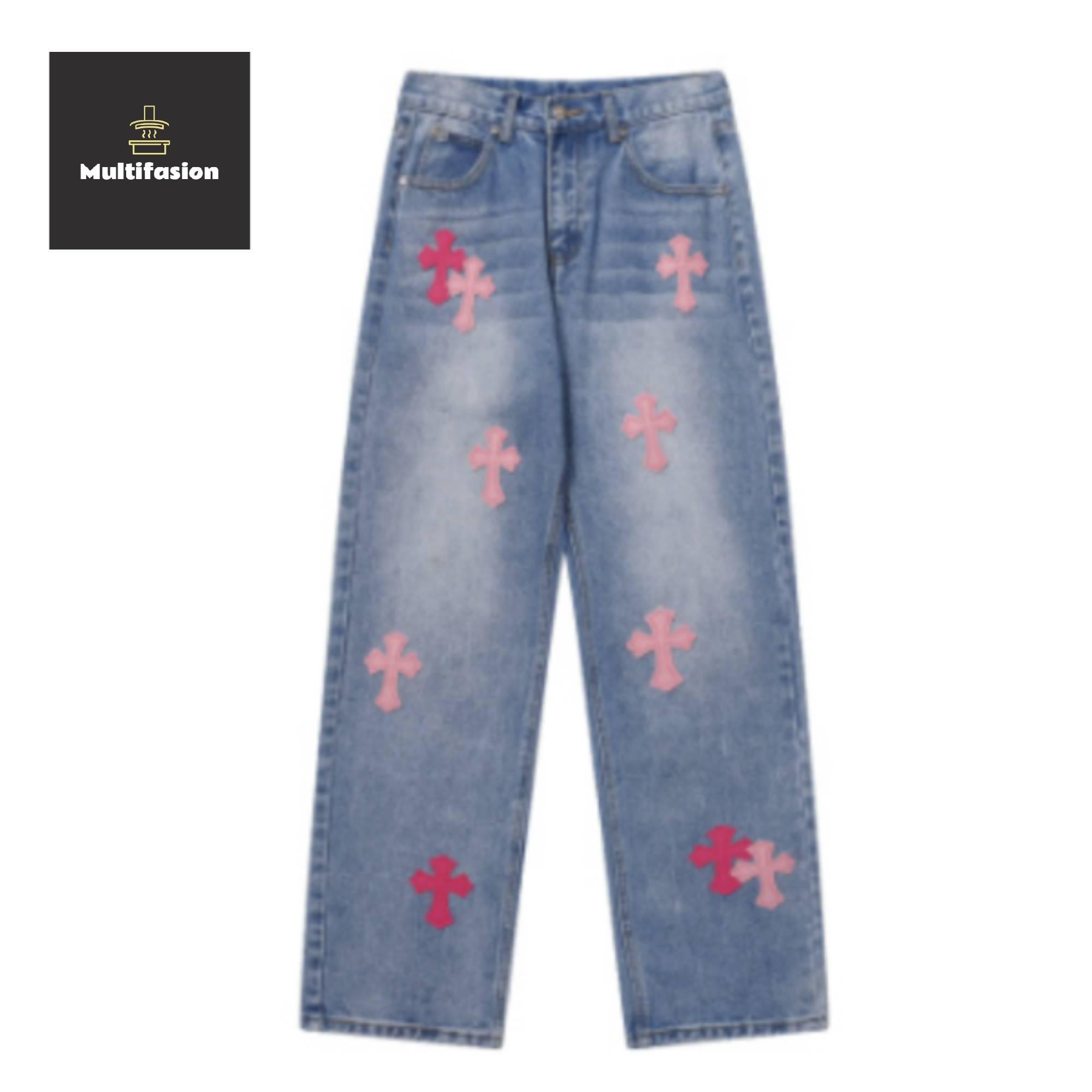 Light Blue Cross Patch Jeans – Pink & Red Leather Appliqué Streetwear Denim – Unisex Chrome Style Fashion