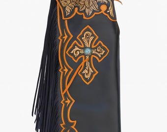 Handgefertigte Fransen-Chaps aus schwarzem Leder | Cowboy Patches mit Kreuz Muster
