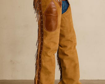 Handmade Leather Cowboy Chaps | Western Fringe Rodeo Chaps for Men | Genuine Suede Riding Gear