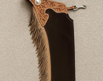 Handcrafted Leather Rodeo Chaps | Western Tooled Design | Fringe Riding Wear