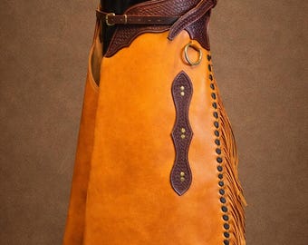 Chaparreras de cuero con flecos hechas a mano / Chaparreras de cuero estilo vaquero occidental para rodeo, rancho y motociclista