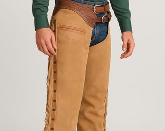 Men’s Suede Leather Western Chap Pants – Native American Style – Fringe & Buckle Closure – Lums