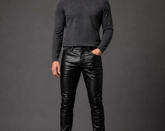 Men Real Leather Pants Genuine Leather Trousers Slim Fit Black Leather Pants Handmade