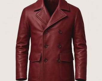Bordeauxrode leren herenwinterjas double-breasted lederen winterjas klassieke stijl