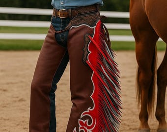 Brown Leather Rodeo Chaps with Red Fringe Western Cowboy Chaps