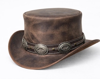 Cappello a cilindro Steampunk fatto a mano – Cappello in pelle marrone con fascia Concho vintage