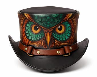 Handmade Leather Steampunk Top Hat with Owl & Skull Art | Gothic Cosplay Vintage Hat