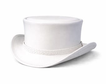 Handmade White Steampunk Top Hat – Victorian Leather Style Hat