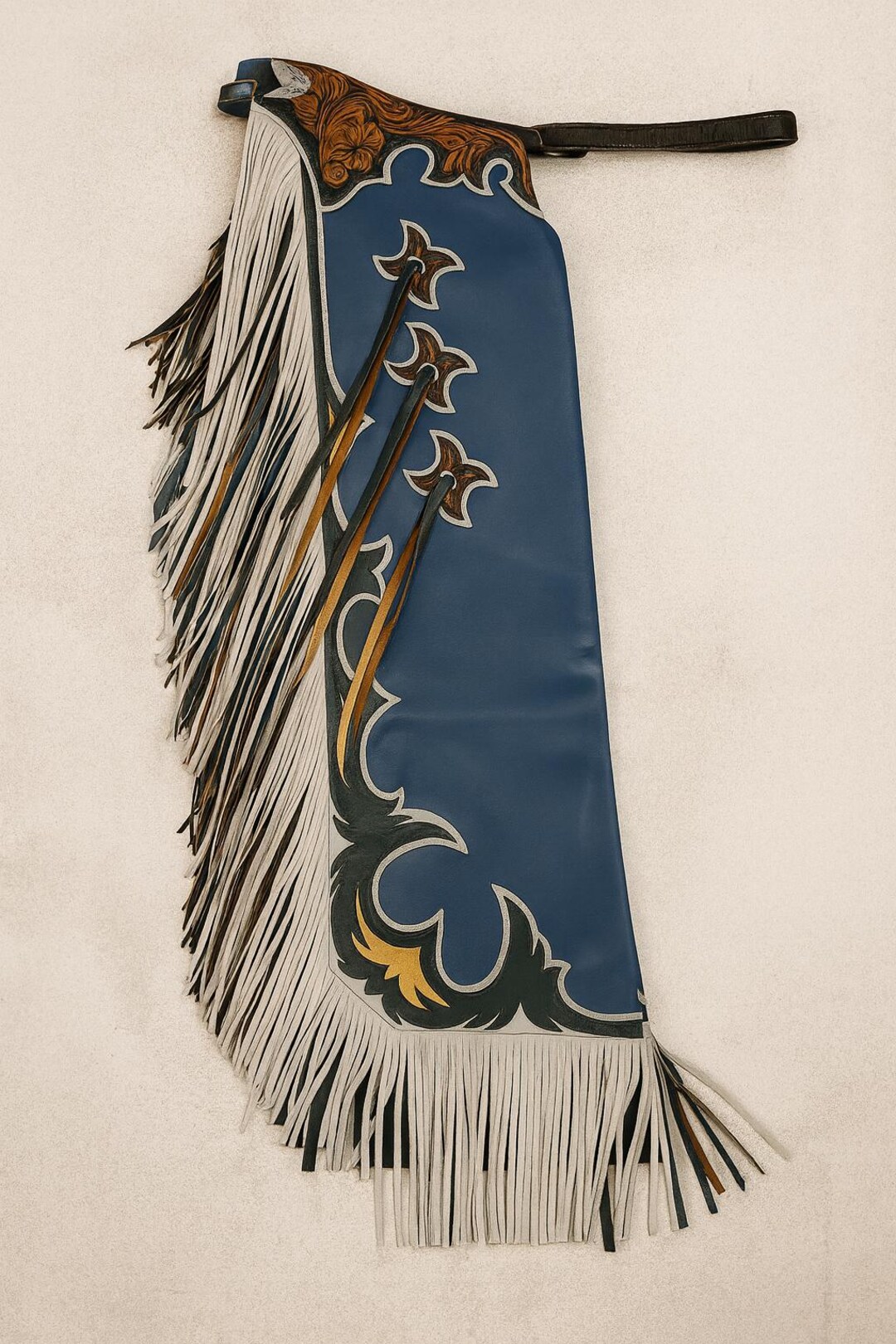 Handmade Blue Leather Fringe Chaps | Tooled Western Cowboy Chaps for ...