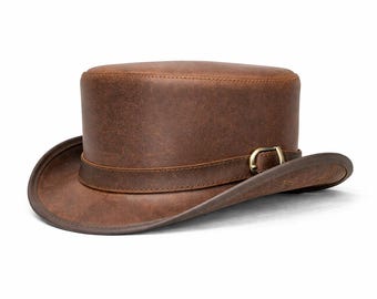 Handmade Steampunk Top Hat – Brown Leather Victorian Style Hat