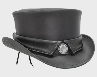 Handmade Black Leather Steampunk Top Hat with Metal Accent – Gothic Cosplay Hat