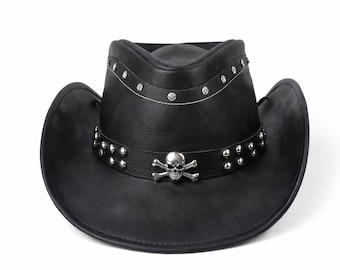 Handmade Black Leather Skull Cowboy Hat – Gothic Biker Studded Western Hat