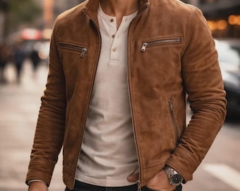 Chaqueta de ante marrón tostado para hombre / Chaqueta de cuero con cremallera frontal hecha a mano