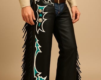 Black Leather Rodeo Chaps with Turquoise Design | Western Fringe Chaps